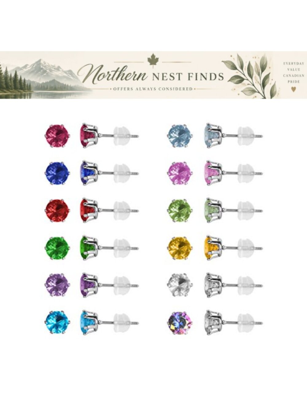 12 Pairs Stainless Steel CZ Stud Earrings Set 6 Prong Round Brilliant Cut